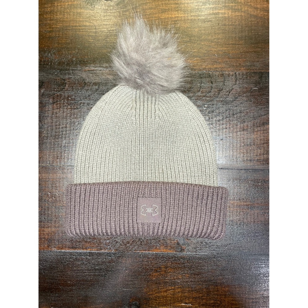 Under Armour Beanie Pom Pom Knit Hat Gray Winter Warm Ribbed Knitwear‎